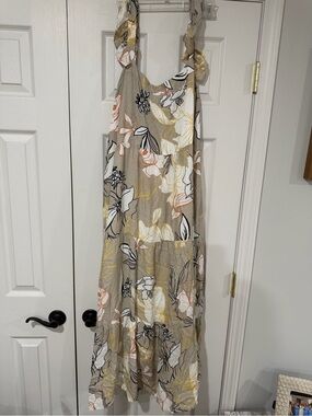 Tribal Floral Ruffle-Strap Maxi Dress in Taupe, White, Yellow, and Black